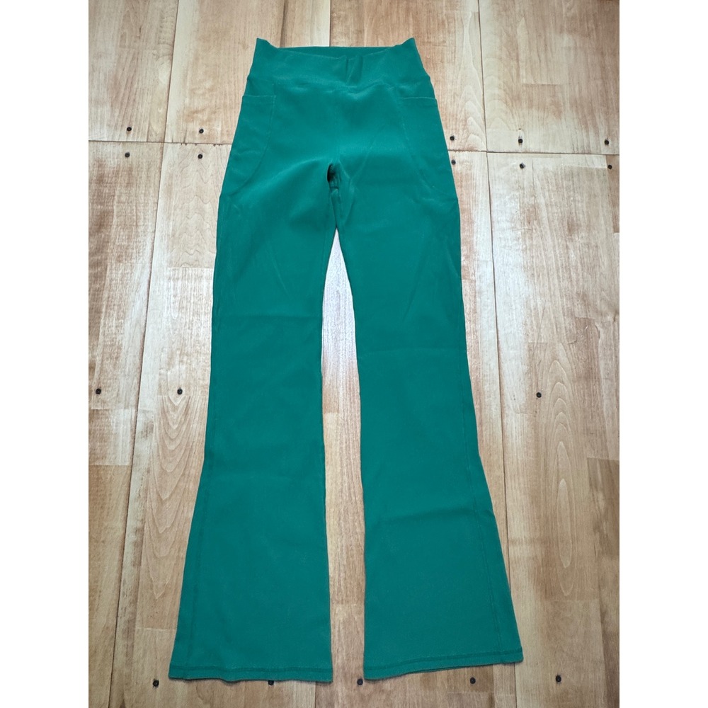 PINSPARK Womens Green Ribbed High Waisted Flare Yoga Pants with Pockets Size S
